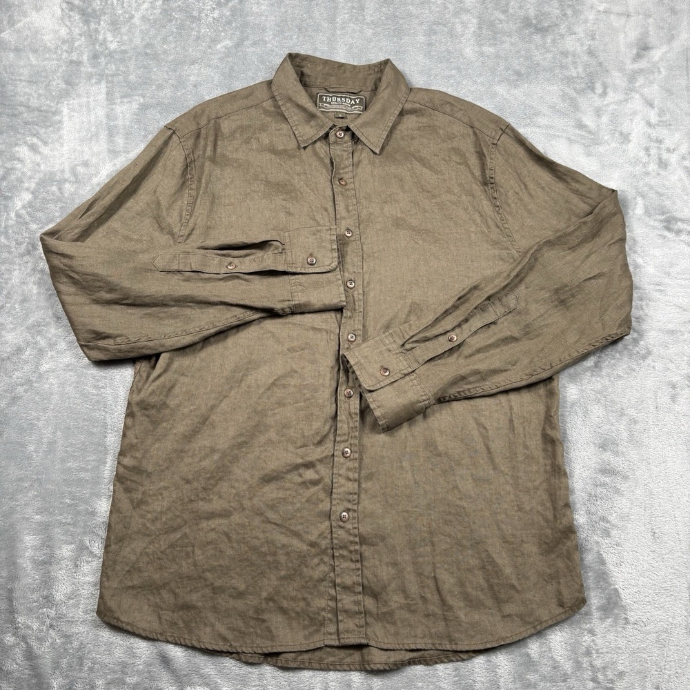 Thursday Boot Company Linen Button Up Shirt Mens L Brown Athletic Fit Minimalist
